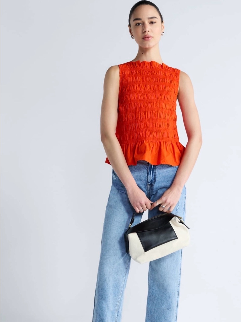 (500)Bright Orange Smocked Peplum Tank Top - Picture 1 of 5